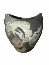 Vintage Studio Pottery Raku Vase Artist Signed  “V” Primitive Brutalist 6”x6”