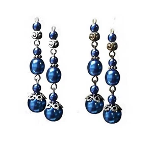 Earrings navy blue dark pearl long drop dangle, choose clip on or pierced - Picture 1 of 4