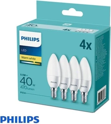 Philips 5.5W E14 LED Frosted Candle Bulb Warm White 2700K Non-Dim 4 Pack 40W Eqv - Image 1 of 4