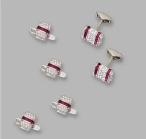 7.25CT White Cubic Zirconia & Red Ruby Men's Cufflinks & Dress Set In 935 Silver - Picture 1 of 3