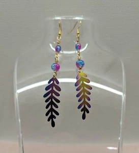 HANDMADE Earrings Iridescent w/ Crackle Beading, Gold .925 Sterling Silver Hooks - Picture 1 of 5