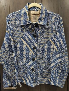 New Directions Petite Sz PL Blue/Gold Big Buttons Geometric Shirt Jacket - Picture 1 of 5
