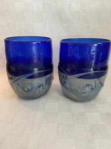 2 Frederick Warren Art Glass Tumblers Cobalt Blue Silver Iridescent Signed EUC! - Picture 1 of 7