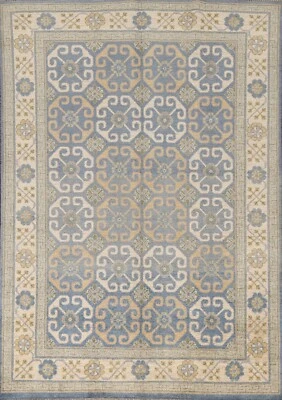Geometric Khotan Oriental Area Rug Vegetable Dye Hand-knotted Wool Carpet 4x7 ft - Image 1 of 4