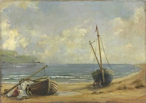 N Fox - Antigua pintura al óleo sobre tabla - Barcos de pesca en la costa siglo XIX - Imagen 1 de 11