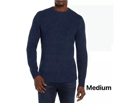 Express Men's Braided Cable Knit Sweater Long Sleeves Crew Neck Pageant Blue, M - Image 1 of 4