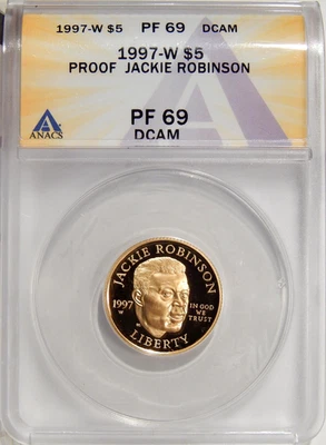 1997-W $5 ДЖЕКИ РОБИНСОН ANACS PR 69 DCAM ~ НИЗКИЙ ТИРАЖ ПАМЯТНОЕ ЗОЛОТО - Изображение 1 из 2
