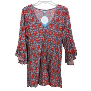 Escapada Living red blue V neck 3/4" Flutter sleeve Tunic Bohemian Blouse size L - Picture 1 of 8