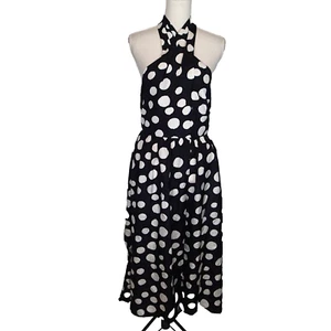 J. Crew Black and White Silk Polka Dot Fit & Flare Halter Midi Dress 6 - Picture 1 of 21