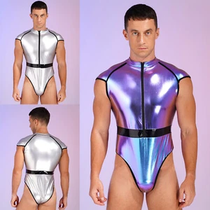 Mens Shiny Patent Leather High Cut Bodysuit Halloween Astronaut Cosplay Costume - Picture 1 of 30