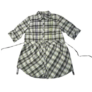 NEW Muzi Women's Green Mix Long Check Belted Shirt UK 18 Large - Picture 1 of 12