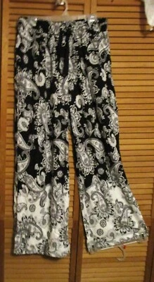 NUEVO CON ETIQUETAS-PANTALONES ROAMANS PIERNA ANCHA SUAVES-NEGRO CON ESTAMPADO BLANCO-TALLA 16 Foto 1 de 4