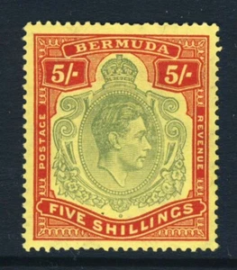 BERMUDA KG VI 1943 5/- Verde Pálido y Rojo Carmín sobre Amarillo Pálido P14 SG 118d COMO NUEVO - Imagen 1 de 2