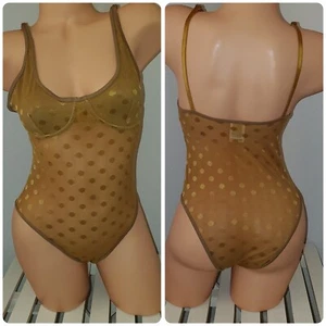 Victorias Secret PINK Bodysuit Lingerie Snap Gusset Polka Dot Sz M Gold Shimmer - Picture 1 of 3