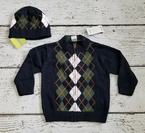 GYMBOREE 18 24 "Canine Academy" Blue Green Argyle Full Zip Sweater Hat Outfit  - Picture 1 of 4