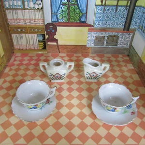 Vintage 40s PORCELAIN DOLL TEA CUP SET Miniature Painted 1940s Japan Toy Dishes - Picture 1 of 10