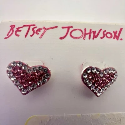 Pendientes Betsey Johnson Tono Plata Corazón Acentos Cristal Rosa y Transparente Nuevos con Etiquetas Foto 1 de 4