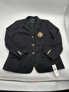 Ralph Lauren Blazer 100% Wolle schwarz bestickt Wappen Goldknopf Größe 18 W - Bild 1 von 16