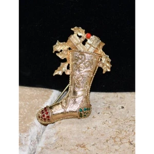 Napier Ruby Sapphire Rhinestone Christmas Stocking Gold Plated Signed NICE - Picture 1 of 7