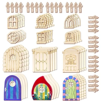56 Pcs Fairy Door & Window Craft Kit - Wooden Garden Doors, Mini Fences, Unpa... - Image 1 of 4