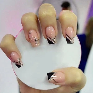 Medium Press on Nails Square French Black Fake Nails with Star Glitter Design... - Picture 1 of 6