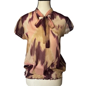 New York & Company Blouse Womens XS Tie Neck Smocked Waist Abstract Purple Top - Picture 1 of 7