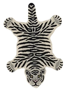 Linon 2' X 3' Jungle Tiger Shaped Accent Rug in White and Black Wool - Picture 1 of 7