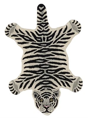Linon 2' X 3' Jungle Tiger Shaped Accent Rug in White and Black Wool - Image 1 of 4