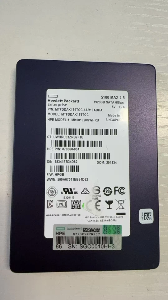 875867-001 HPE 5100 MAX 1.92TB 2.5'' SATA 6Gbps MTFDDAK1T9TCC 870668-004 - Image 1 of 1
