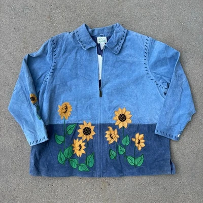 Y2K Quacker Factory Blue Suede Fall Sunflowers Genuine Leather Jacket 3X NWT - Image 1 of 4