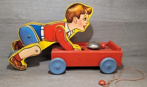Coaster Boy Pull Toy Fisher Price # 140 1941 Wooden Lithographed Boy U.S.A. - Picture 1 of 16