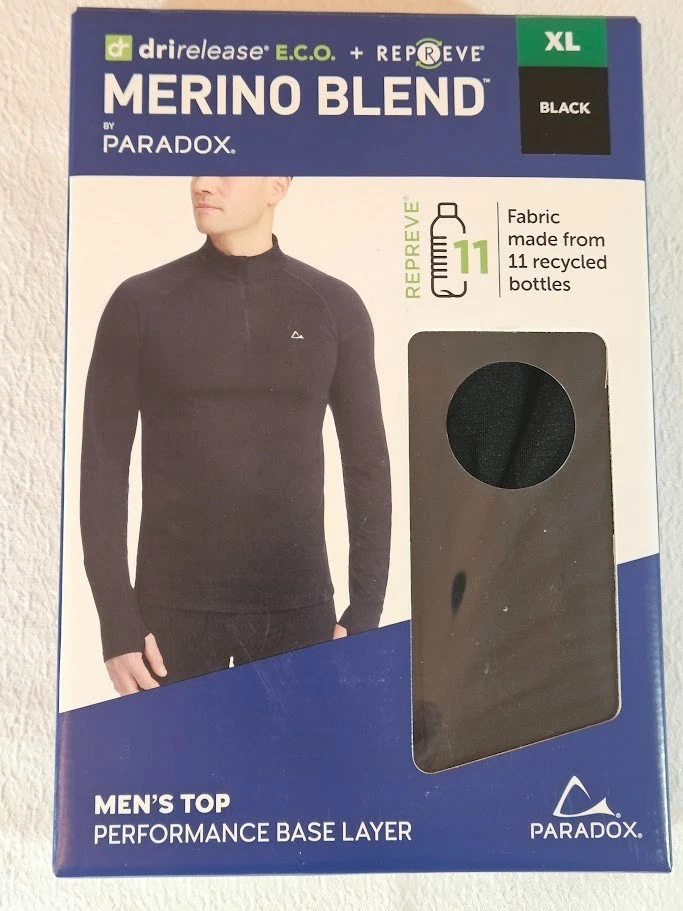 Paradox Men's 1/4 Zip Merino Blend Performance Base Layer Top Black Size XL