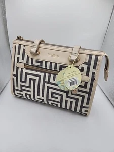 Spartina 449 De Renne Island Shoulder Bag Geometric Taupe Cream Linen Leather - Picture 1 of 17
