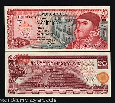 墨西哥 20 PESOS P-64 1973 - 1977 x 100 件批量捆绑包 PYRAMID UNC 包账单注释 — 第 1/3 张图片