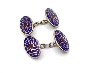 VINTAGE STERLING SILVER ENAMEL GUILLOCHE ENGLAND H & V HEWETT & VOLLER CUFFLINKS - Picture 1 of 9