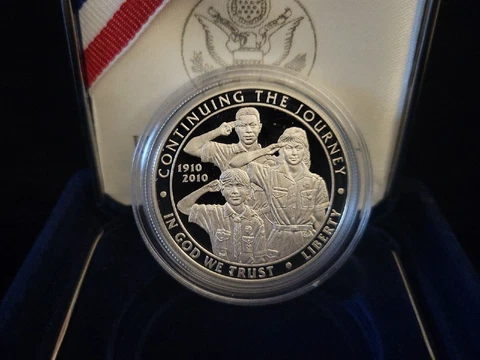 2010 Boy Scouts of America Commemorative Proof Silver Dollar OGP Box & COA Cover