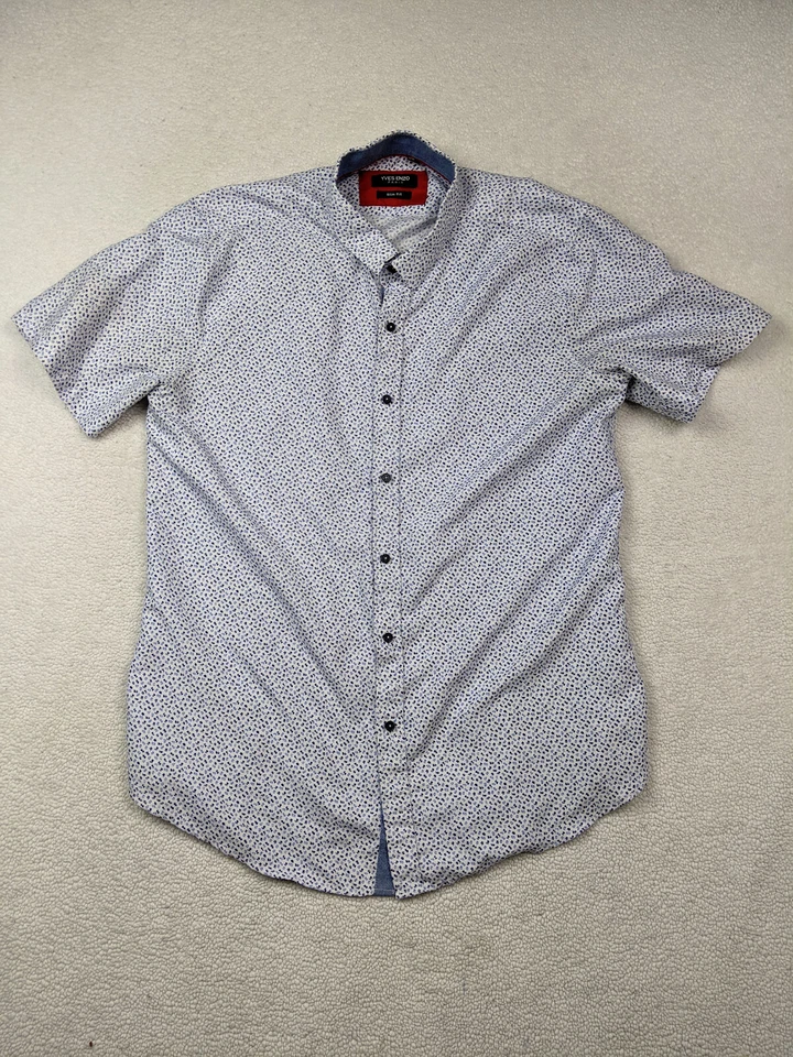 Camisa Yves Enzo Calce Ajustado Para Hombres 2XL Azul Flor Abotonada Manga Corta Foto 1 de 4