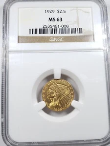 1929 $2.50 INDIAN HEAD GOLD QUARTER EAGLE 90% GOLD US COIN NGC GRADED MS 63 - Picture 1 of 4