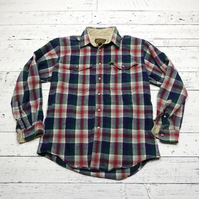 VINTAGE Eddie Bauer Wool Flannel Shirt Mens Medium Blue Green Plaid Button Up - Image 1 of 4