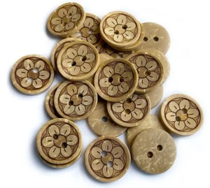 15pcs Natural Coconut Shell Buttons, 15mm, Round Flower Buttons Knitting Sewing - Picture 1 of 2