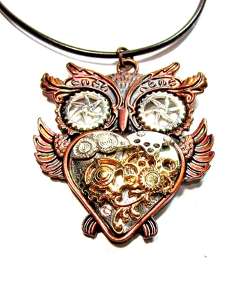Collar Cuerda Marrón 17" Colgante Búho Steampunk Tono Cobre y Plata -NUEVO SIN ETIQUETAS (#2902) Foto 1 de 4