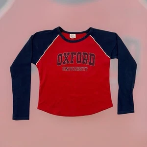 Vintage 90er 00er Oxford England Cropped Langarm Hemd Damen M/L rot blau süß - Bild 1 von 5