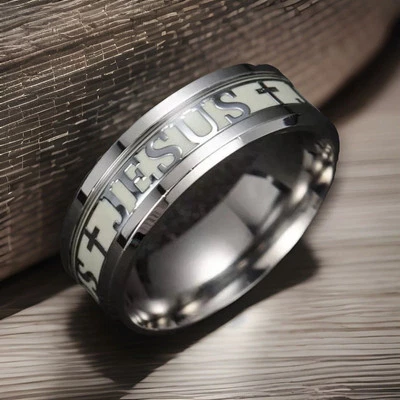 Jesus Cross Christian Wedding Band Ring Glow Titanium Steel Sz8 Church Jewelry - Image 1 of 4