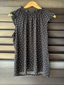 Adrianna Papell Blouse Women’s Medium Black White Polka Dot Sleeveless Ruffles - Picture 1 of 7