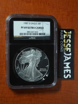 1987 S Proof Silver Eagle NGC PF69 Ultra camafeo soporte de núcleo negro Foto 1 de 2