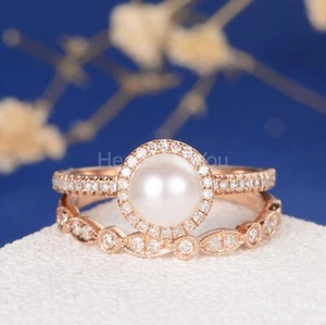 2ct Round Simulated Diamond Antique-Inspired Pearl Ring Set 14k Rose Gold Plated - Picture 1 of 8