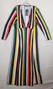 Boohoo Women Dress 12 Black Striped PolyBlend Long Sleeve Plunge Side Split Maxi - Picture 1 of 20
