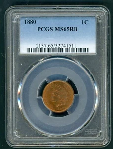 UNITED STATES 1880 INDIAN HEAD SMALL CENT SLABBED PCGS MS 65 RB - Picture 1 of 2