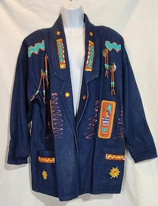 Dakota Sport Tribal Embellished Denim Jacket Size Large 100% Cotton Size Large - Picture 1 of 11