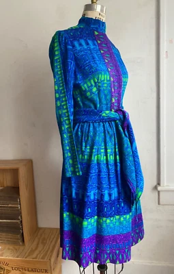 Vintage 60s NEIMAN MARCUS Psychedelic Hawaiian Blue Fit Flare Mockneck Dress S/M - Image 1 of 4